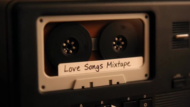 Close up of a vintage audio cassette tape with a handwritten Love Songs Mixtape label playing in a retro tape deck