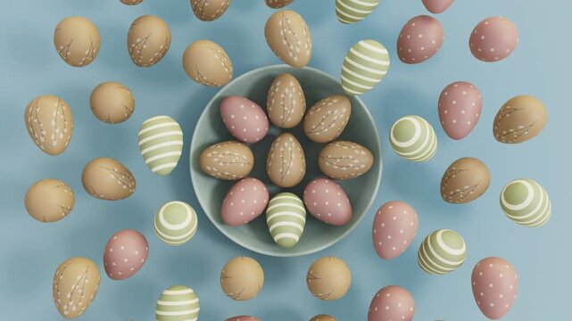 Easter eggs in a bowl surrounded by flying decorative stones.