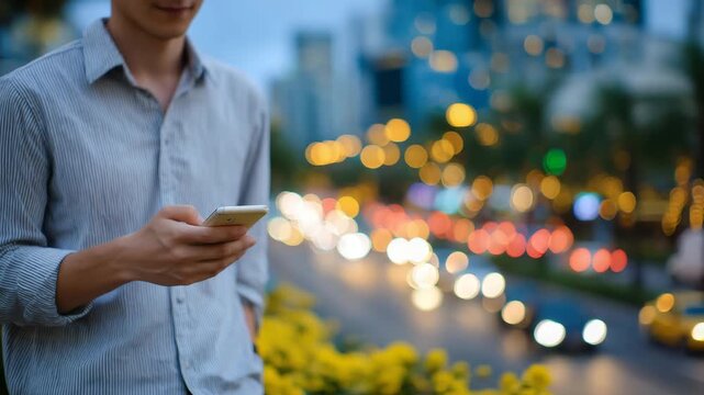 504Faceless individual using a smartphone on a sidewalk, blurred city traffic behind