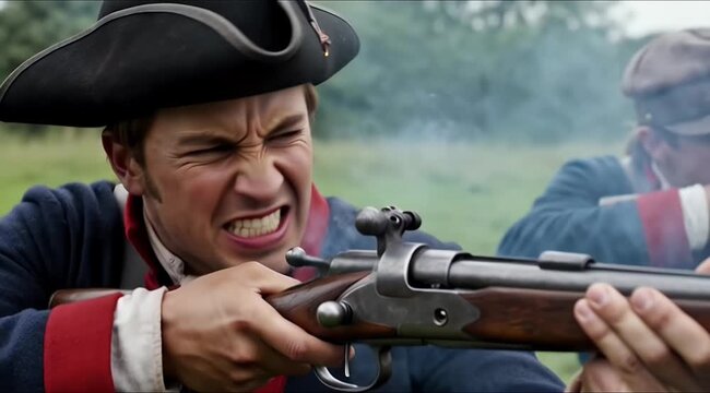 Historical Reenactment Soldiers Firing Muskets on Grassy Field Outdoors