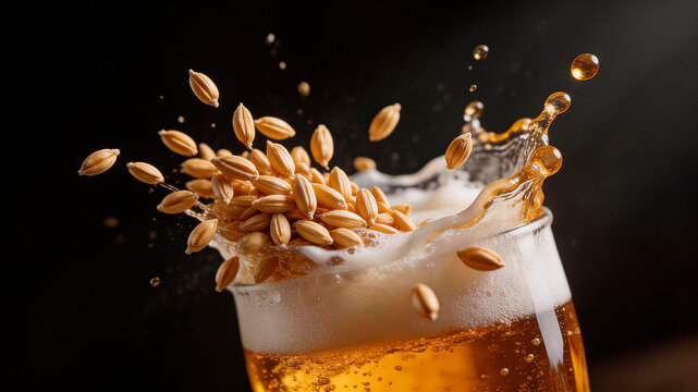 Glass of beer with foam and barley grains splashing out, captured in a dynamic close-up shot against a dark background highlighting the beverage's texture and color