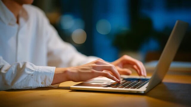 528Faceless individual typing on a laptop, close-up on fingers pressing keys, shallow depth of field, blurred interior