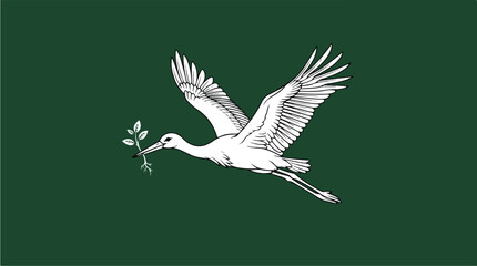 Fototapeta premium White Crane Flying with Green Branch in its Beak.