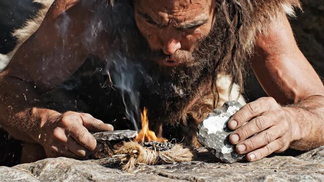 Caveman making fire by striking flint stone on dry tinder. Prehistoric man generating flame with primitive rock tool. Ancient survival skill for warm light.