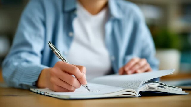 550Faceless person arranging a planner and pen on a desk, macro shot on hands, blurred background