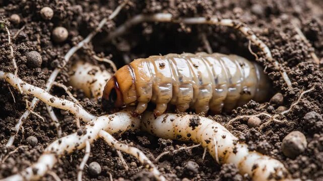 White grub larva feeding on plant root in dark soil underground. Insect pest damaging garden crop. Macro biology study of garden beetle larvae in dry environment.