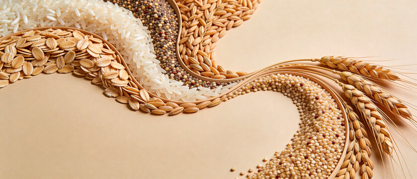 Assorted grains including oats, rice, and wheat arranged in a flowing pattern on a beige background, showcasing various textures and colors of the grains