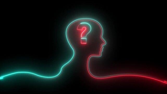 Futuristic neon light illustration featuring a human head silhouette with a glowing question mark icon. Perfect for concepts of problem-solving, ideas, and innovation.4k video