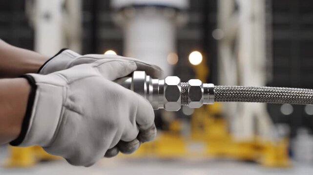 Hands in safety gloves connect metal hose fittings in an industrial setting, showcasing the precise alignment and secure attachment of components in a mechanical environment