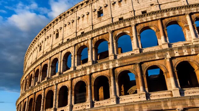 Colosseum exterior in Rome, Italy with ancient stone architecture and arches under blue sky featuring landmark, history, travel with tourism and