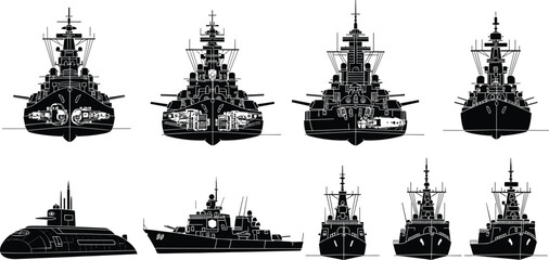 Modern, naval, warship, fleet, silhouettes, front, view, military, battleships, destroyers, submarine, vector, illustration, maritime, defense, navy, ships, collection, isolated, background © Fayjun