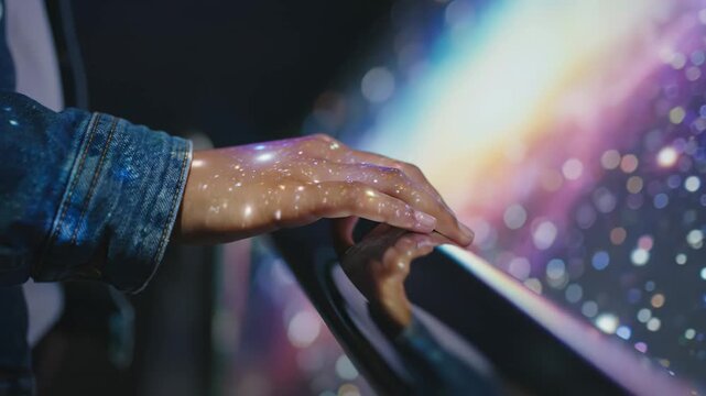 Hand of a person with galaxy projection touching a railing in a dark space, showcasing the connection between human touch and cosmic imagery in a visually immersive environment