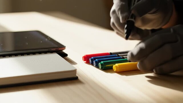 Hands of a person wearing gray gloves selecting colorful markers while preparing to write on a blank notebook placed on a wooden table beside a tablet