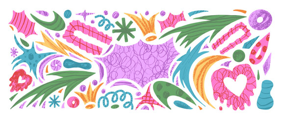 Naklejka premium Paper cutout abstract geometric shapes with crayon texture. Background of geometry, organic freeform collage naive hand drawn doodle figures. Scrapbook vector stickers with stars, arrows, heart shape.