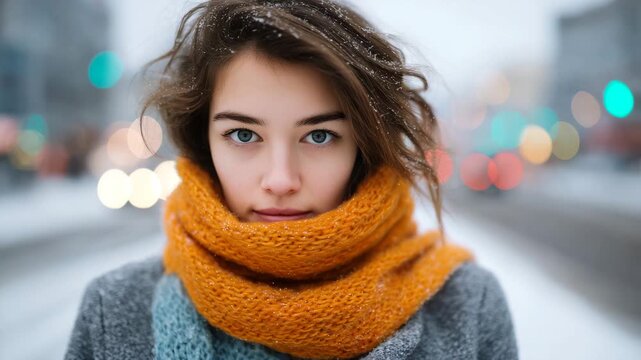 Anonymous winter portrait of a woman in a coat and scarf on a snow-covered street, blurred background, soft diffused daylight, minimalistic seasonal concept