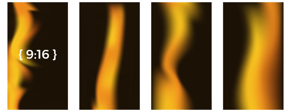 Gold warm waves social media backgrounds set. Golden light line on dark brown or black gradient templates. Blur overlay abstract leak yellow noise gradation. Vector warm gradient background.