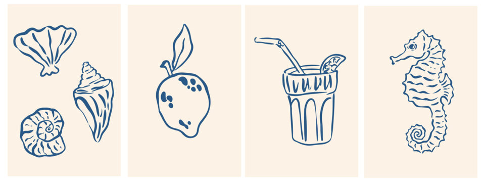 Doodle summer and beach vector illustration set. Hand drawn Italian amalfi sicily style vacation elements lemon, cocktail, shell, seahorse. Chalk tropical coastal collection for poster, placard, print