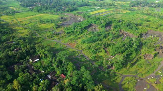 Aerial view of lush green vegetation of former sand mining pits combined with dark paths and houses scattered along the Kali Woro, Klaten, Central Java, Indonesia.