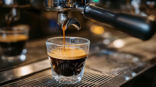 Side view of espresso machine spout pouring dark coffee into glass cup, crema layer forming, cafe ambiance with professional barista equipment, specialty coffee brewing