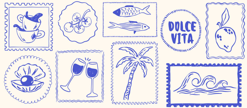Hand drawn summer Mediterranean post stamps. Italian Amalfi vacation vector ink elements for poster, placard or postcard prints. Retro frame, border in grunge chalk, charcoal rough doodle sketch style