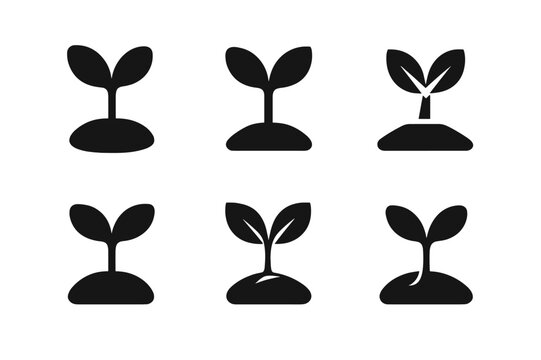 Seedling Logo Variations. Planting seeds. Icon set. Set Logo of Planting seeds: emerging sprout with two cotyledons. harmonious logo variations of the same