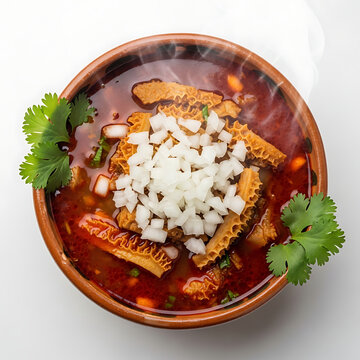 Traditional Mexican menudo soup with tripe, spicy broth, fresh onion, and cilantro