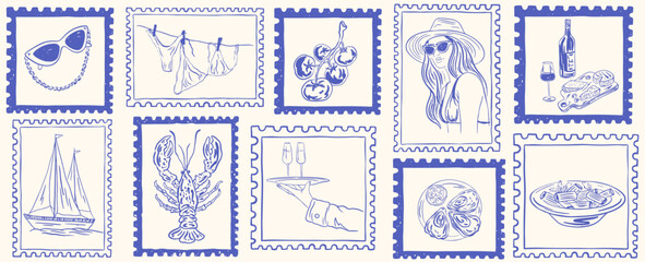 Obraz premium Vintage Italian summer vacation post stamps. Hand drawn travel postcard for poster, placard or postcard prints. Vector retro frame or border element design, elegant scenes or Sicilia or amalfi badge