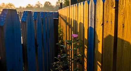 Obraz premium Wooden fence, partly painted blue and yellow, with a small pink bloom and plant in front, symbolizing outdoor beauty and peaceful garden scene
