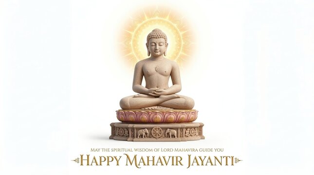Happy Mahavir Jayanti Lord Mahavira Meditation Statue Jain Spiritual Enlightenment Greeting Poster Isolated on White Background
