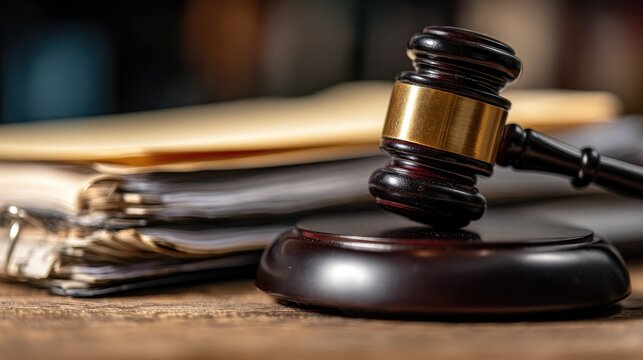 Wooden gavel resting on a table with legal documents and folders in the background, symbolizing justice, law, and the courtroom environment
