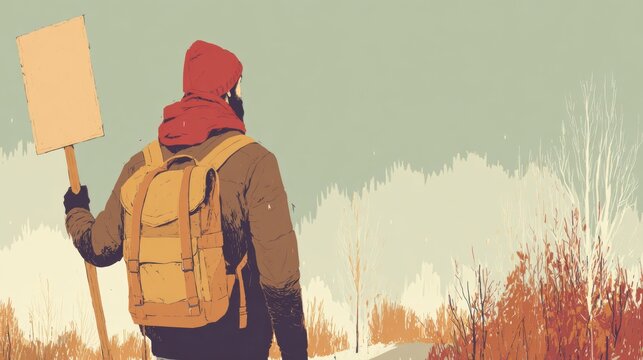 Hiker holding sign walks on snowy trail in winter landscape near forest