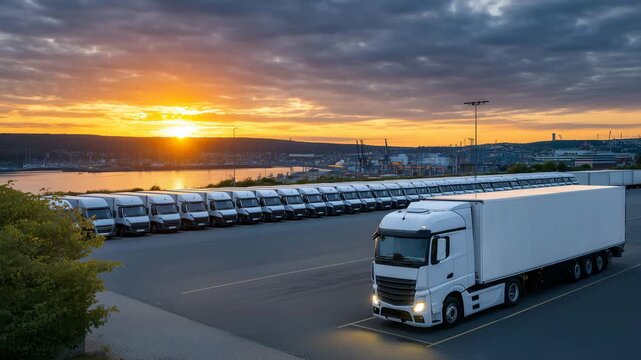 Wide aerial perspective of long line of white delivery vans, golden sun low on horizon, professional commercial fleet parking lot, evening logistics visualization