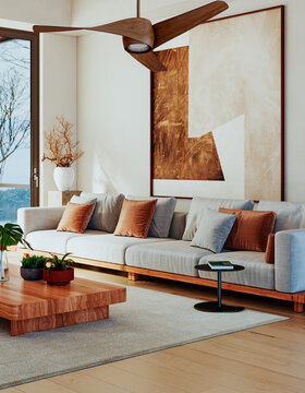 Large illustration 3D rendering luxury modern bright interiors Living room mockup with Couch and Ceiling Fan Ventilation