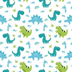 Seamless pattern with cute green blue teal dinosaurs, palm trees rainbows clouds stars playful whimsical © pattern_boom