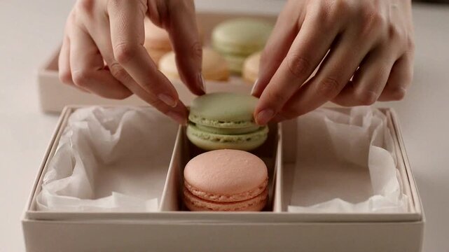 Carefully arranging colorful macarons in a delicate box for a sweet presentation or treat experience.