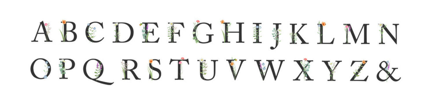 Elegant watercolor wildflower alphabet monogram and ampersand set, black uppercase letters with floral accents-300dpi-	
