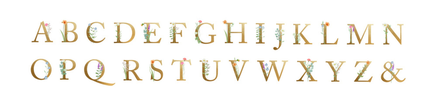 Elegant watercolor wildflower alphabet monogram and ampersand set, golden uppercase letters with floral accents-300dpi-	
