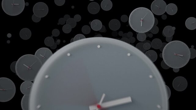 Multiple clocks with fast-spinning hands fly chaotically toward the camera in a time-lapse. Concept of the rapid, uncontrollable passage of time and urgency, deadlines, and time pressure