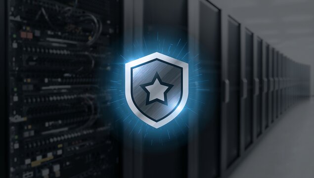 Glowing metal shield emblem with star floating in data center aisle, showing server racks, cables