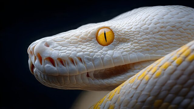 Albino python snake close up with yellow eyes on dark background