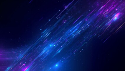 Fototapeta premium Sweeping diagonal neon light streaks conveying motion in deep-space background, with star points