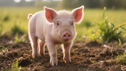 Young pig standing on cultivated soil in farmland field. Suitable for agribusiness banners, agriculture articles, farm websites and educational materials.