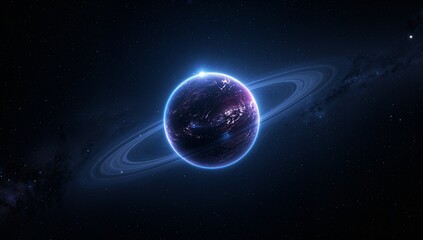 Fototapeta premium Orbiting ringed planet glowing with blue atmospheric rim in deep space, showing bright limb flare