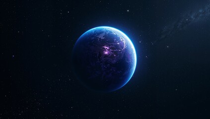 Fototapeta premium Showing solitary rocky planet in space revealing bright blue limb on right, purple aurora and stars