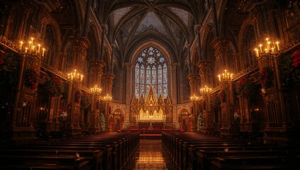 Fototapeta premium Illuminating ornate altar and gilded reredos on chancel inside gothic nave, with stained glass