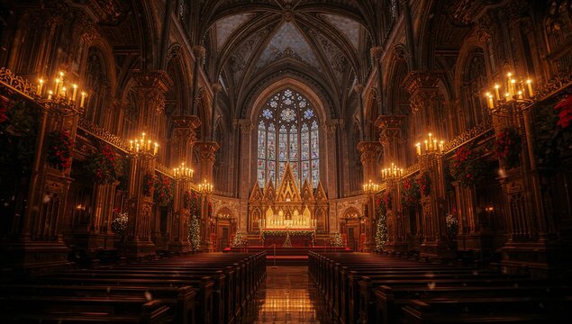 Illuminating ornate altar and gilded reredos on chancel inside gothic nave, with stained glass