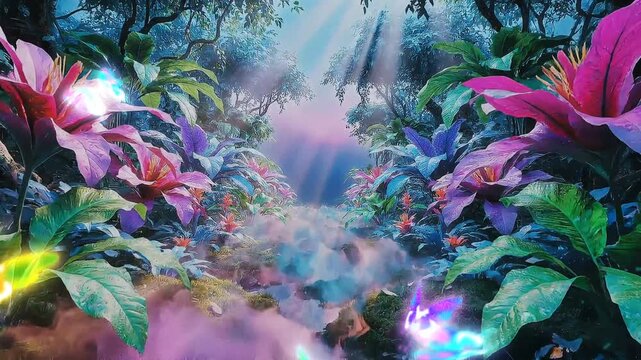 Brightly glowing butterflies illuminate a mystical, fog-filled jungle with vibrant plants.