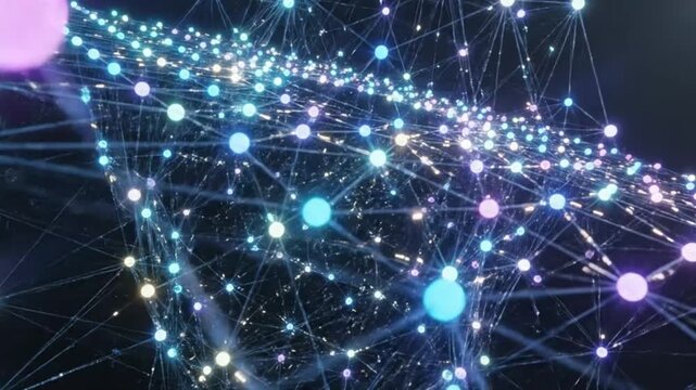 Futuristic blockchain network visualization with glowing nodes connected in geometric structure