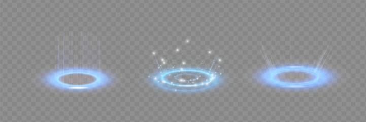 Circular portals, teleport, hologram gadget. Futuristic teleport. Projector HUD or podium for magic circle teleportation. Set of circle holograms.Empty podium light effect. © kume111000