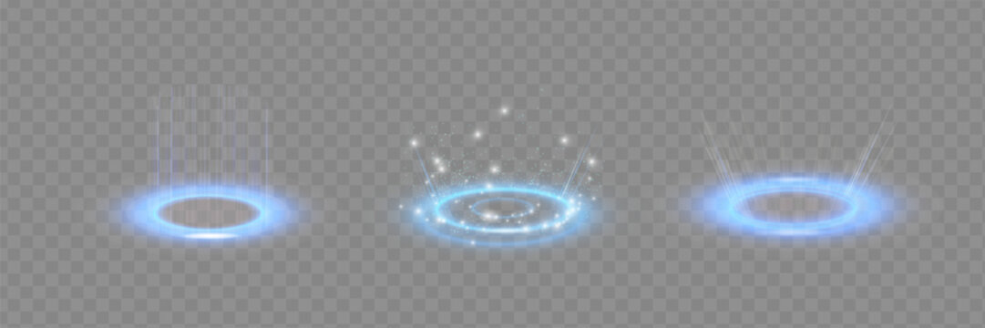 Circular portals, teleport, hologram gadget. Futuristic teleport. Projector HUD or podium for magic circle teleportation. Set of circle holograms.Empty podium light effect.